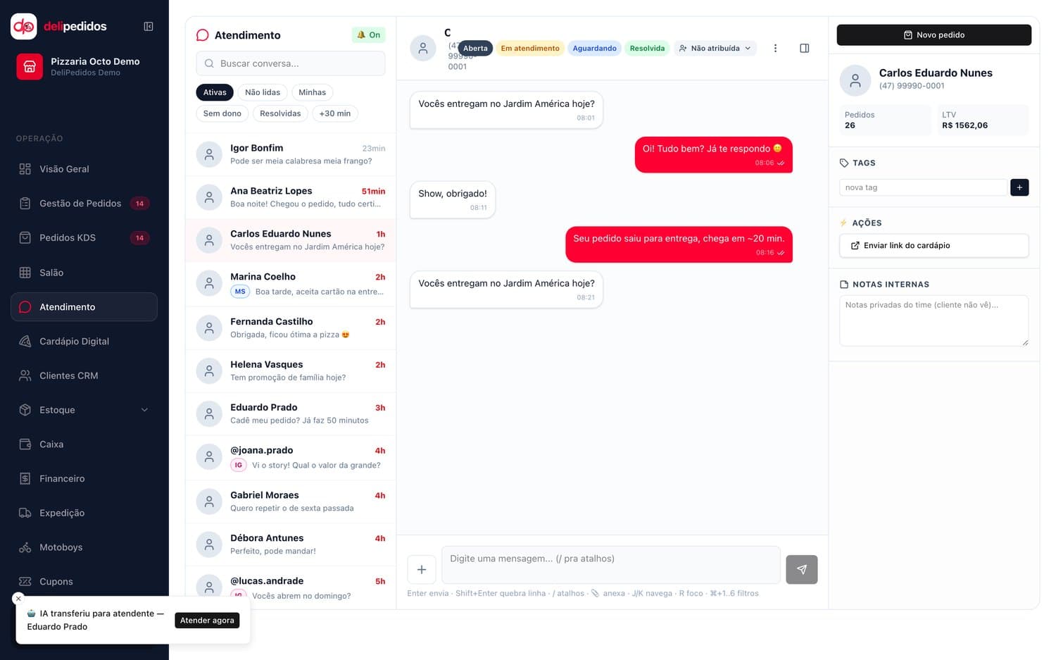 Caixa de entrada com conversas de WhatsApp, Instagram e Messenger
